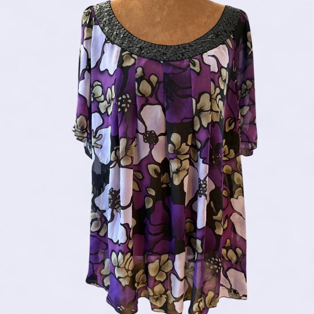 VTG Sheer Floral Purple Women's Pleated Top Sequin Neckline